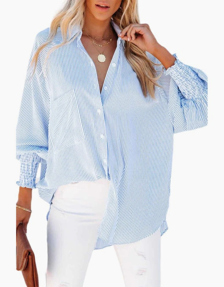 Sky Blue Smocked Cuffed Striped Boyfriend Shirt with Pocket