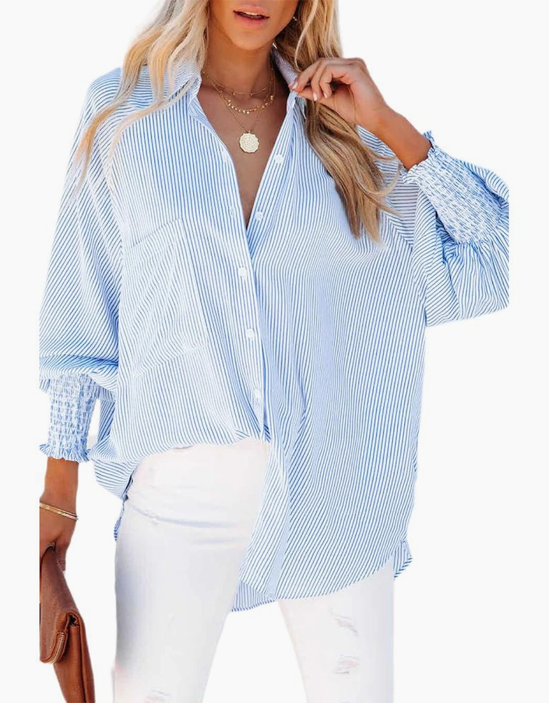 Sky Blue Smocked Cuffed Striped Boyfriend Shirt with Pocket