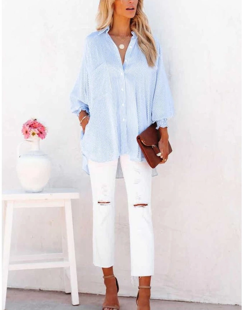 Sky Blue Smocked Cuffed Striped Boyfriend Shirt with Pocket