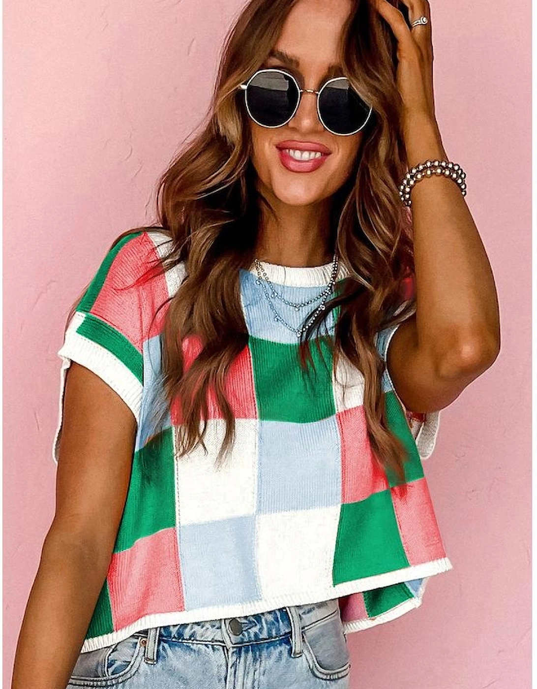 Dark Green Color Block Cap Sleeve Sweater