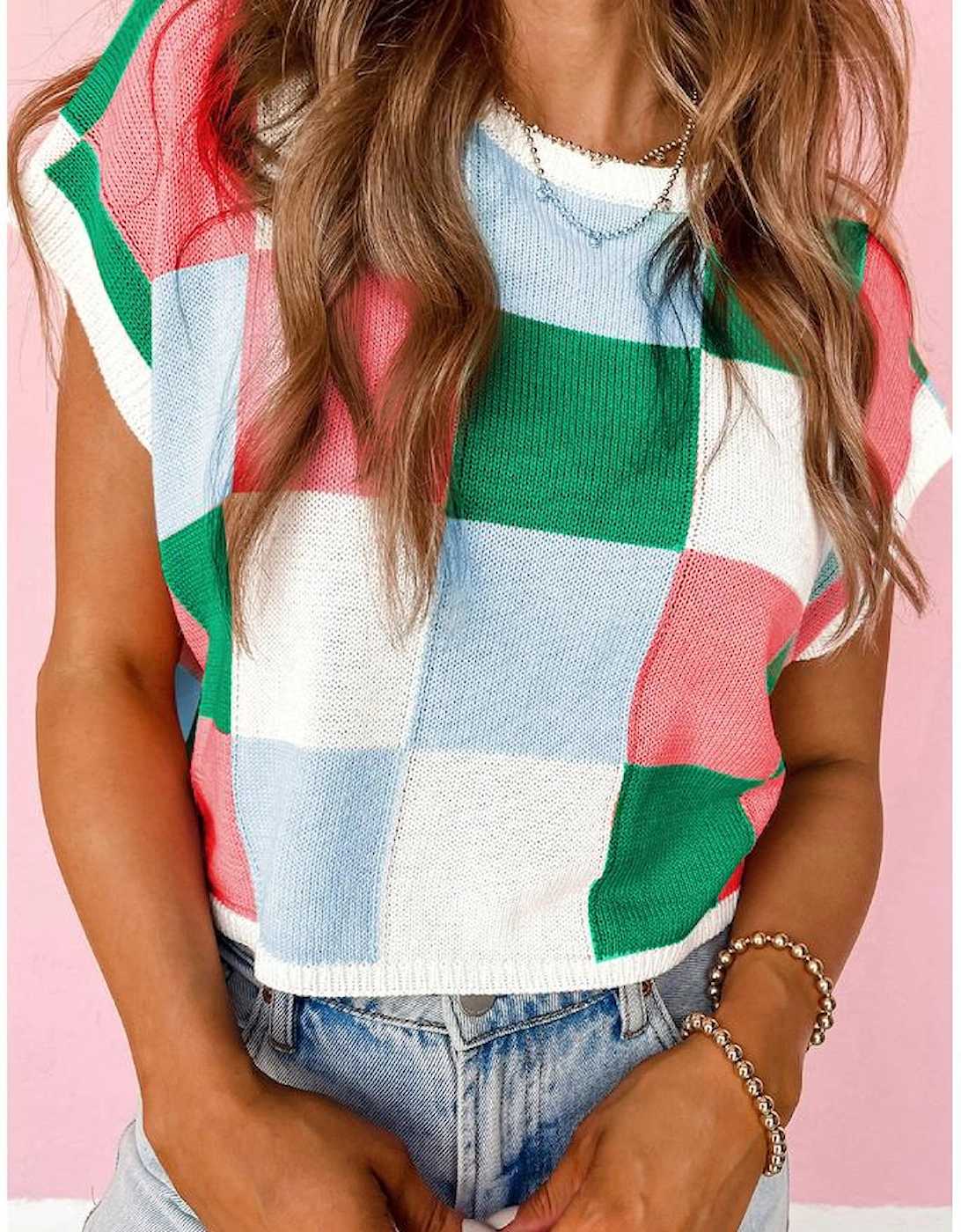 Dark Green Color Block Cap Sleeve Sweater, 16 of 15