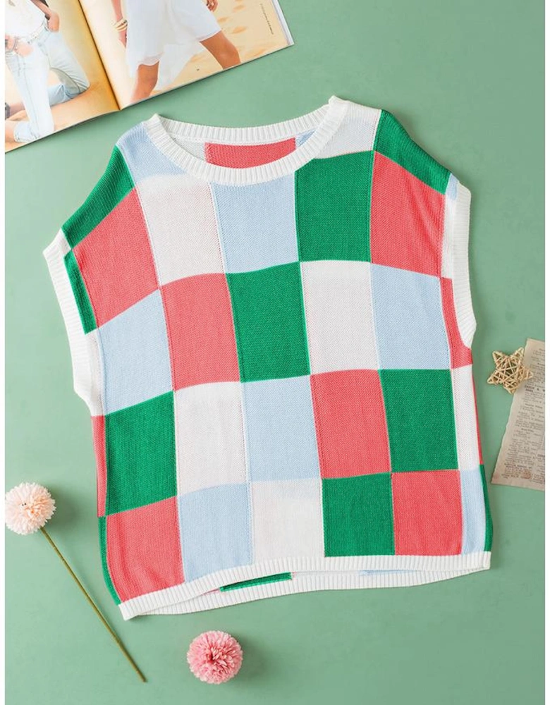 Dark Green Color Block Cap Sleeve Sweater