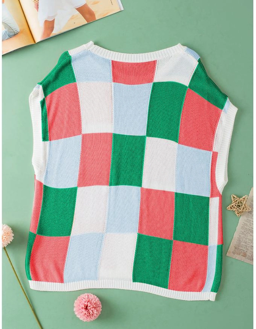 Dark Green Color Block Cap Sleeve Sweater