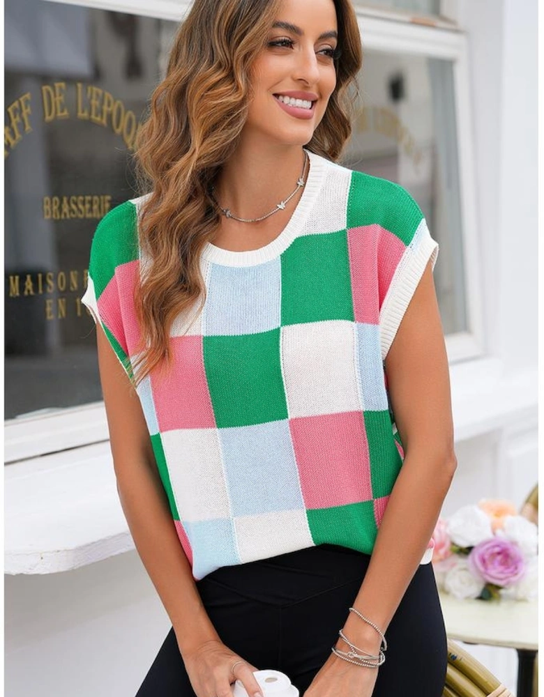 Dark Green Color Block Cap Sleeve Sweater
