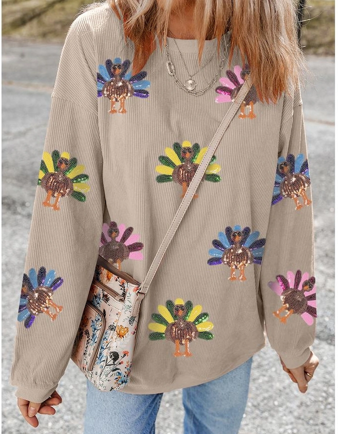 Smoke Gray Turkey Graphic Corded Baggy Sweatshirt