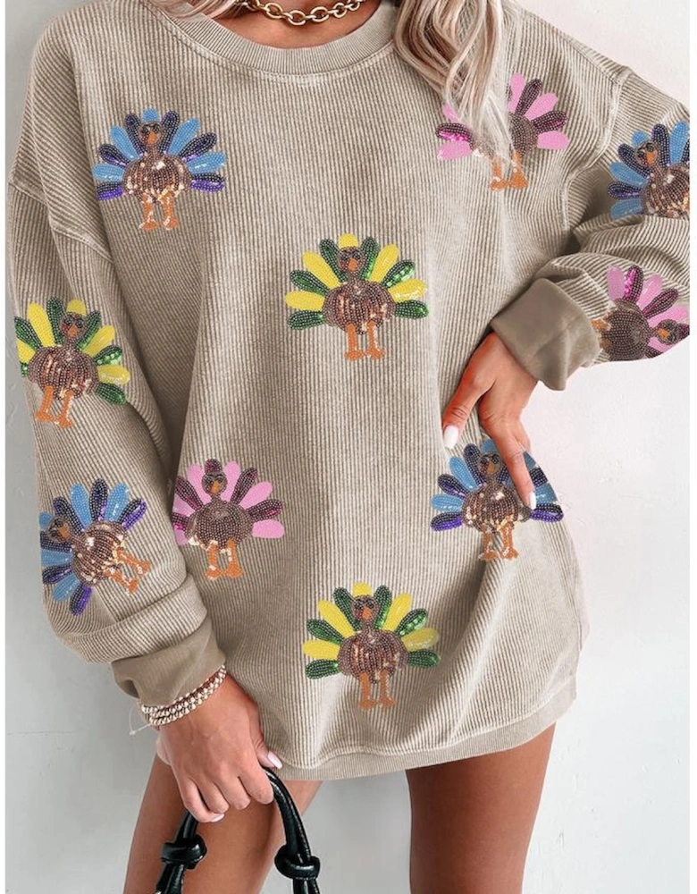 Smoke Gray Turkey Graphic Corded Baggy Sweatshirt