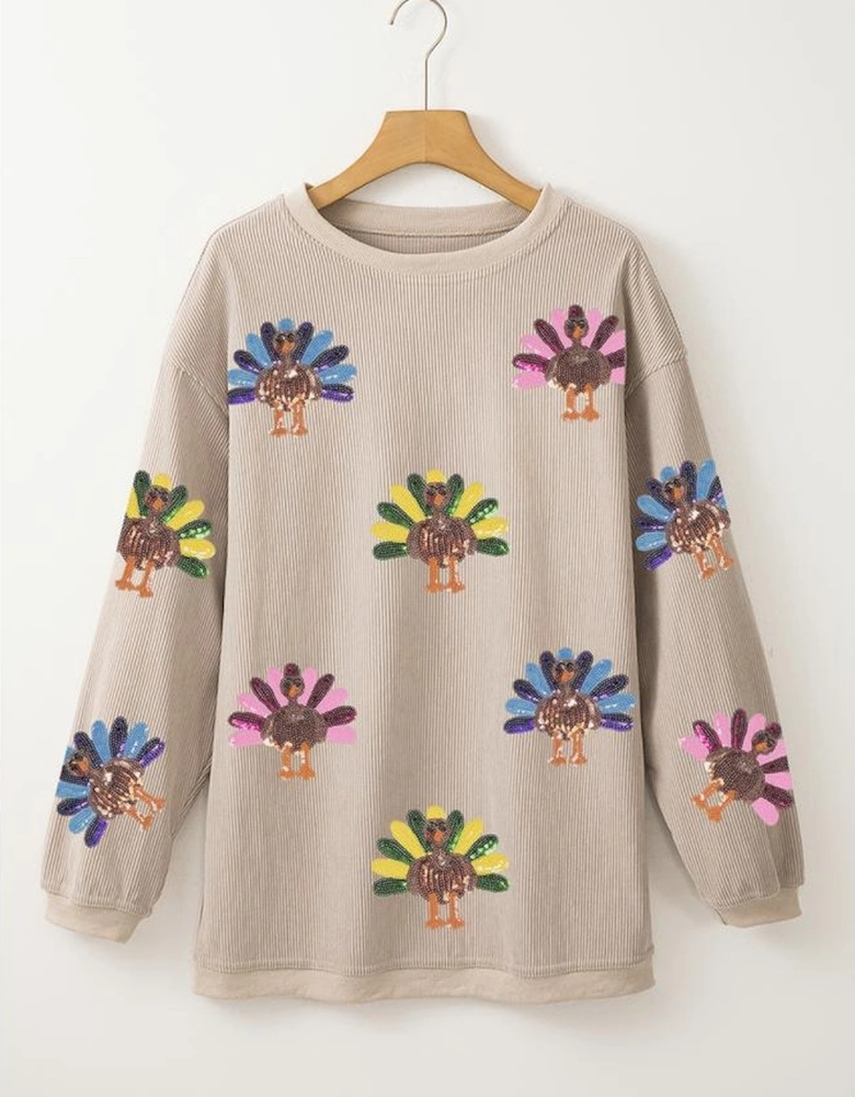 Smoke Gray Turkey Graphic Corded Baggy Sweatshirt