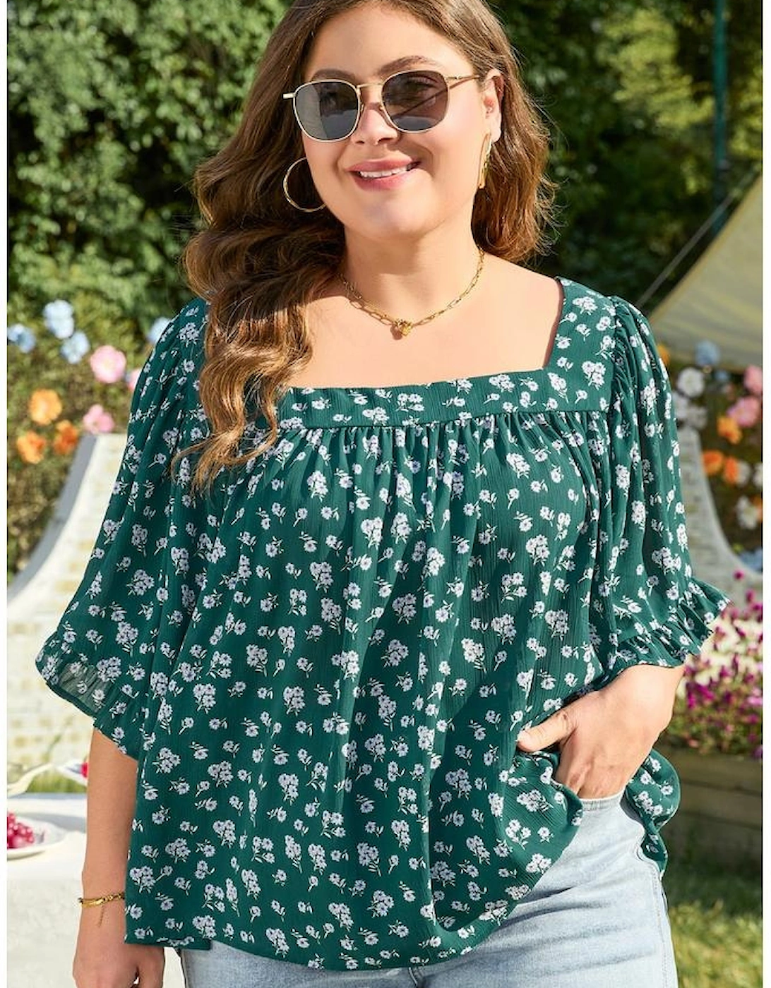 Green Floral Print Square Neck Ruffled Trim Plus Size Blouse