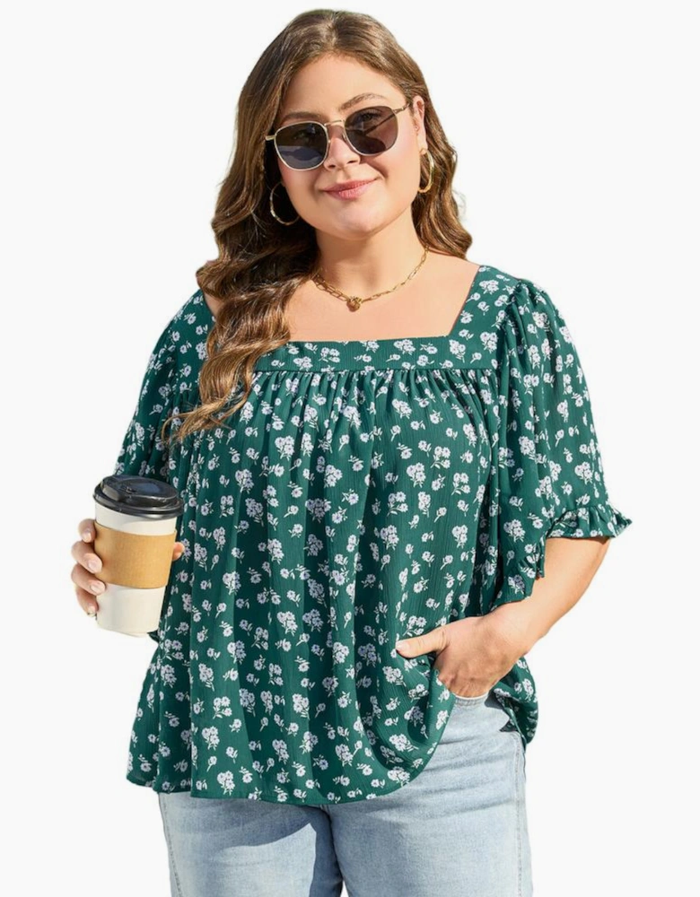 Green Floral Print Square Neck Ruffled Trim Plus Size Blouse