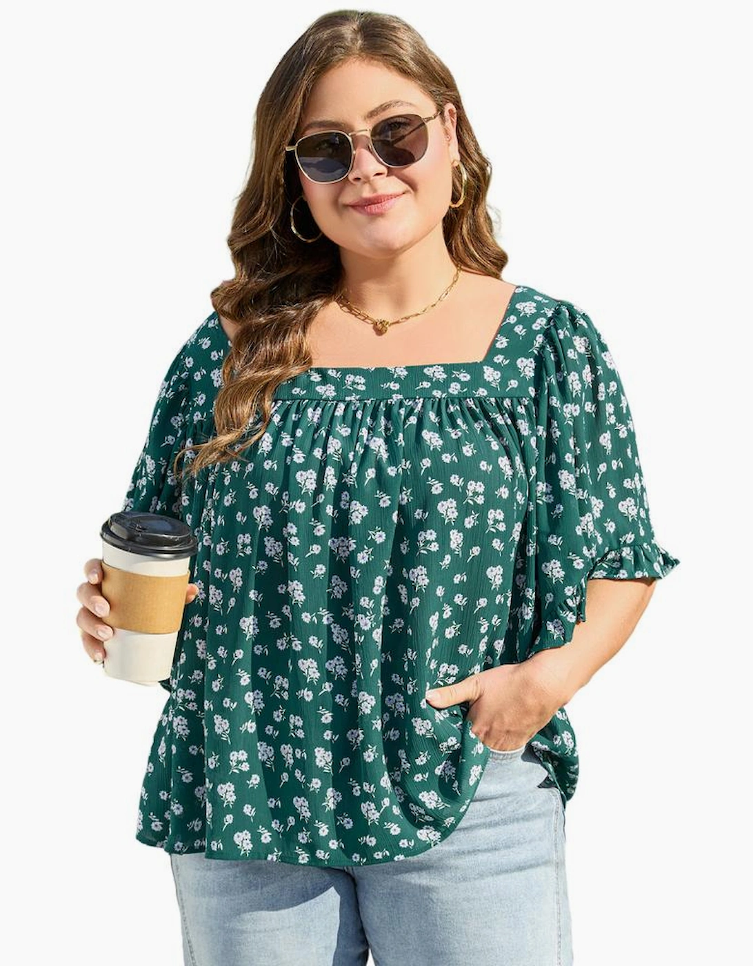 Green Floral Print Square Neck Ruffled Trim Plus Size Blouse