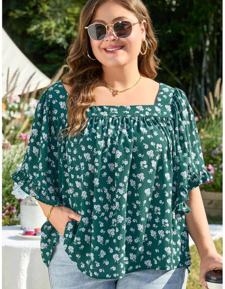 Green Floral Print Square Neck Ruffled Trim Plus Size Blouse
