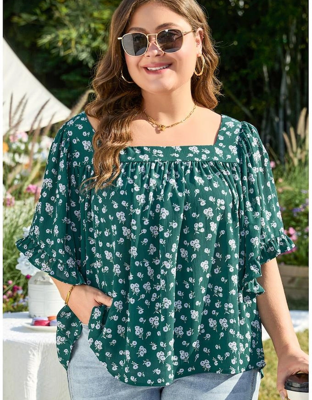 Green Floral Print Square Neck Ruffled Trim Plus Size Blouse, 16 of 15