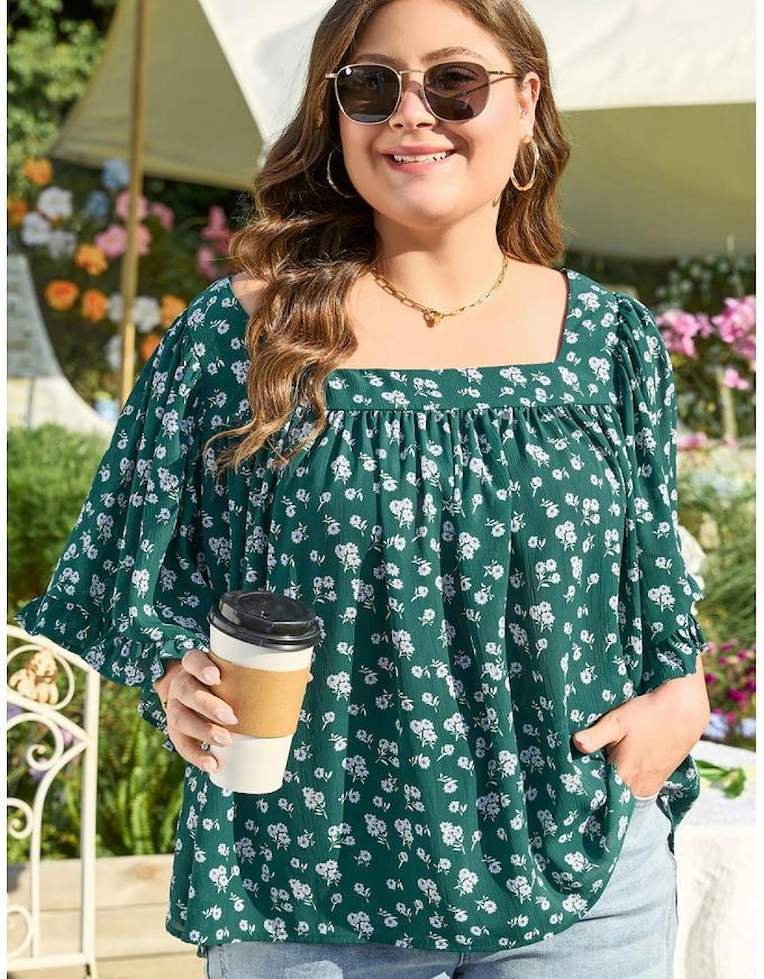 Green Floral Print Square Neck Ruffled Trim Plus Size Blouse