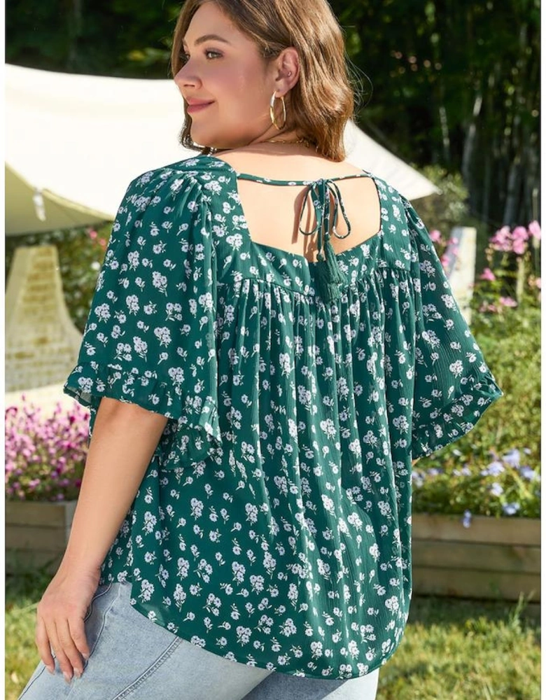 Green Floral Print Square Neck Ruffled Trim Plus Size Blouse
