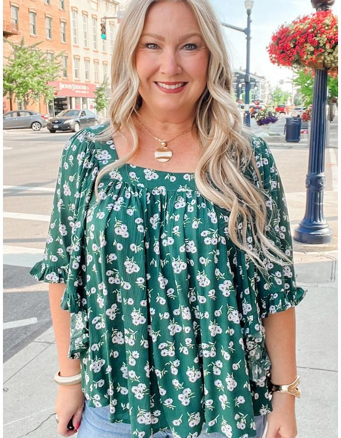 Green Floral Print Square Neck Ruffled Trim Plus Size Blouse