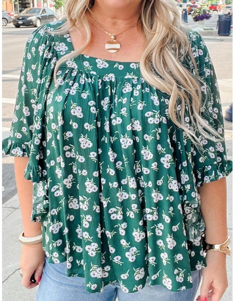 Green Floral Print Square Neck Ruffled Trim Plus Size Blouse