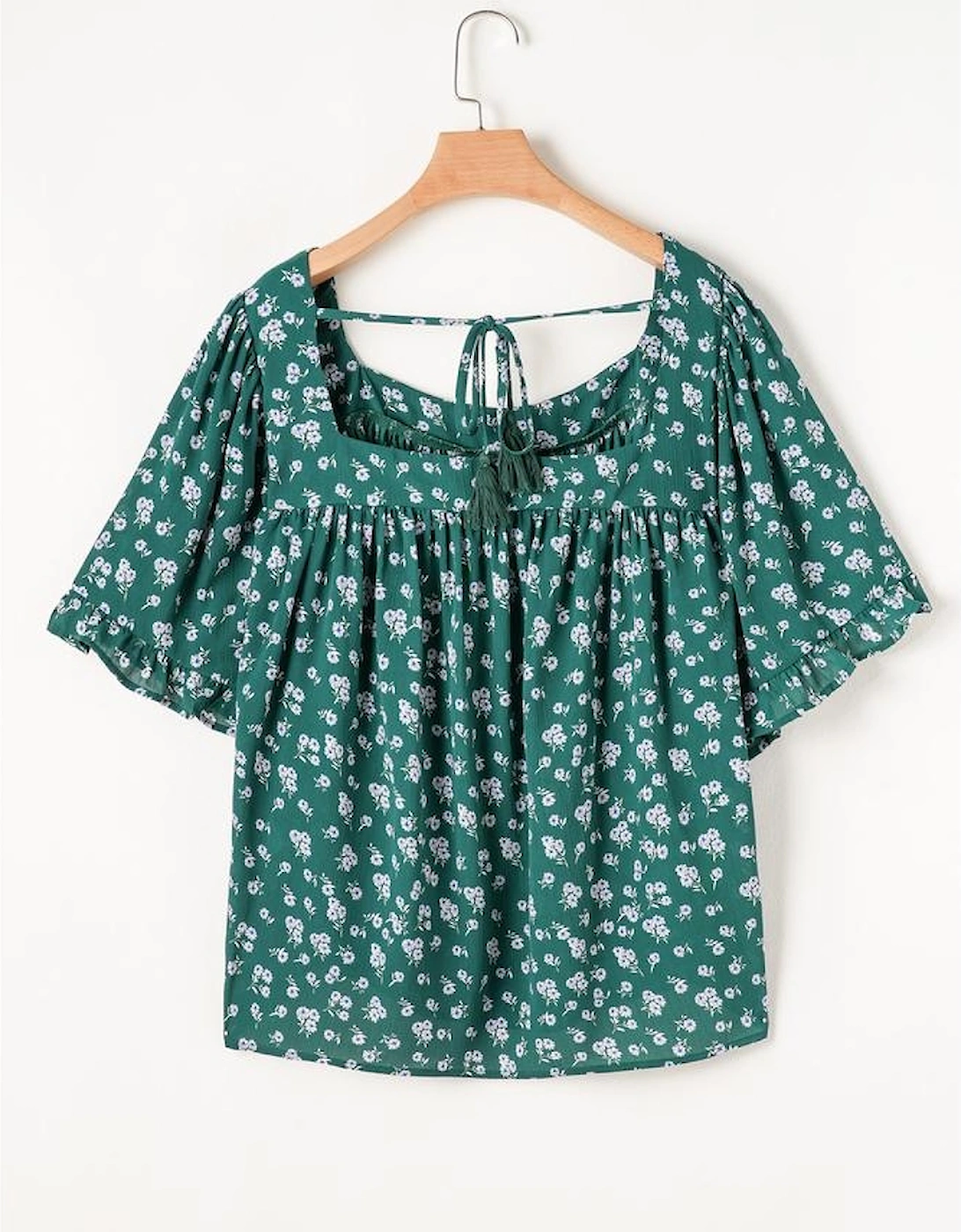 Green Floral Print Square Neck Ruffled Trim Plus Size Blouse
