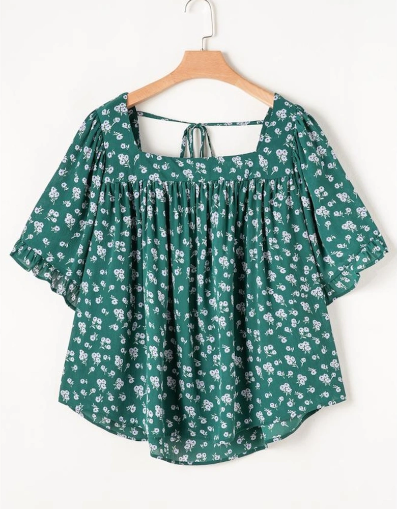 Green Floral Print Square Neck Ruffled Trim Plus Size Blouse
