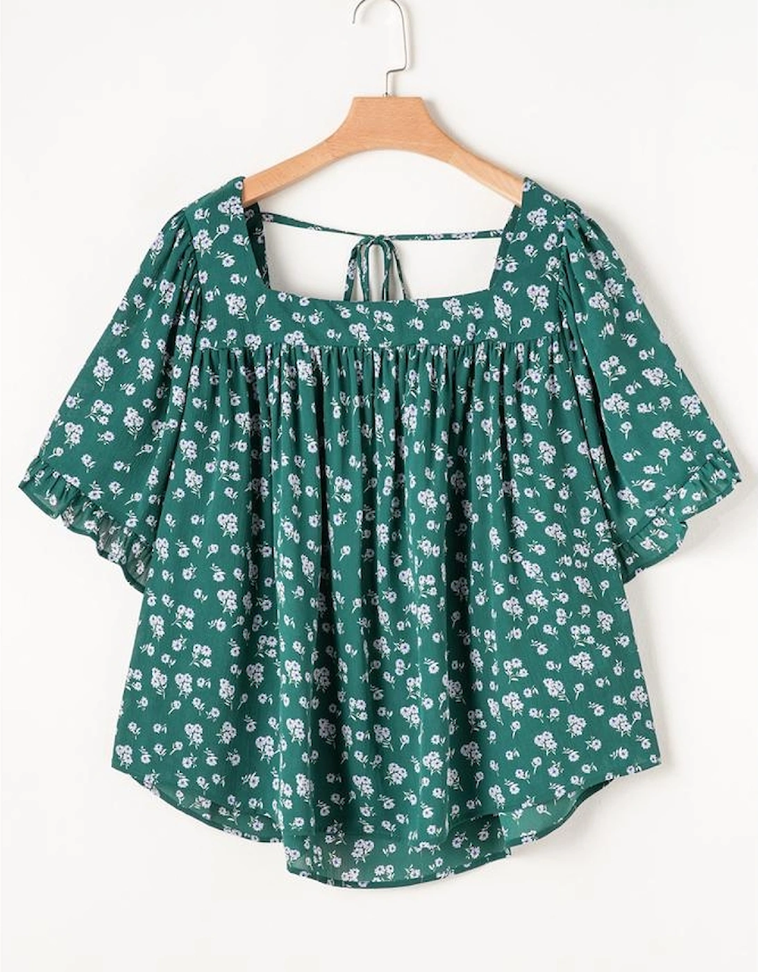 Green Floral Print Square Neck Ruffled Trim Plus Size Blouse