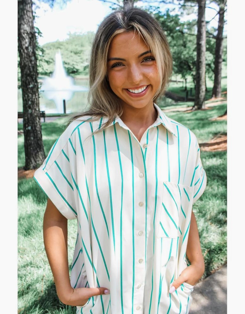 Mint Green St Patricks Striped Wide Short Sleeve Shift Mini Shirt Dress