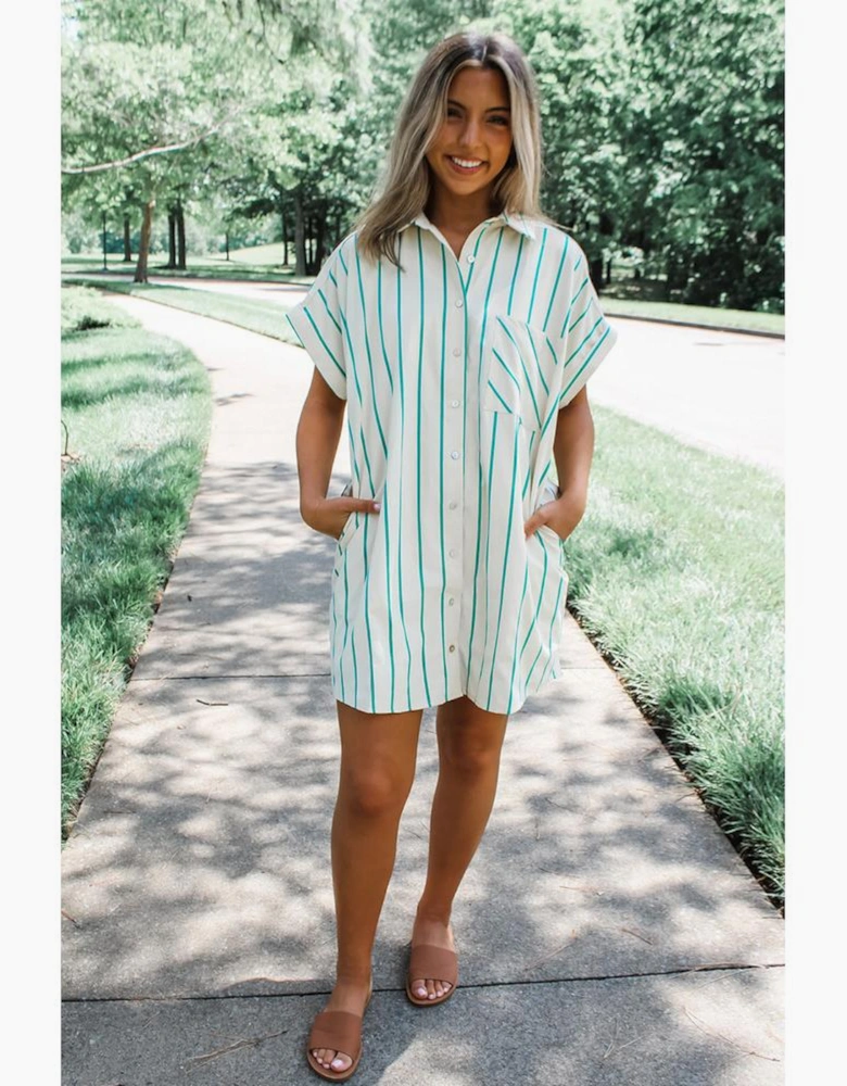 Mint Green St Patricks Striped Wide Short Sleeve Shift Mini Shirt Dress