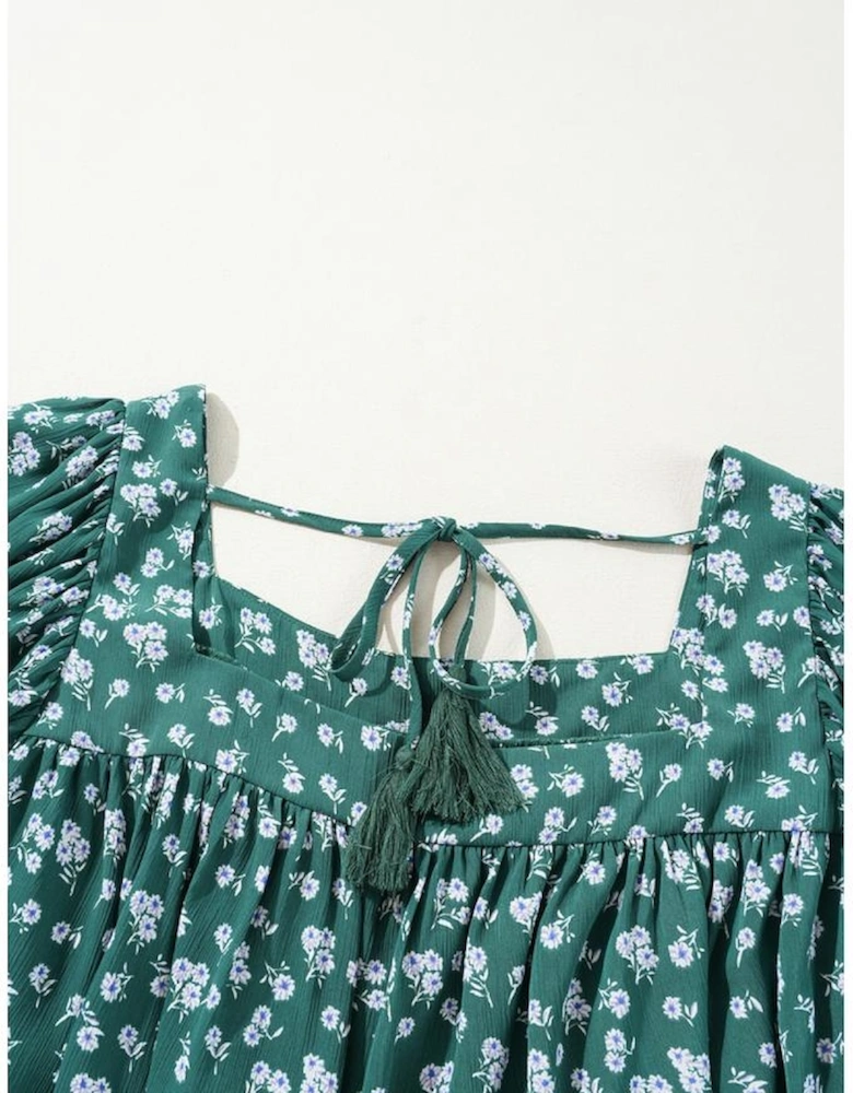 Green Floral Print Square Neck Ruffled Trim Plus Size Blouse