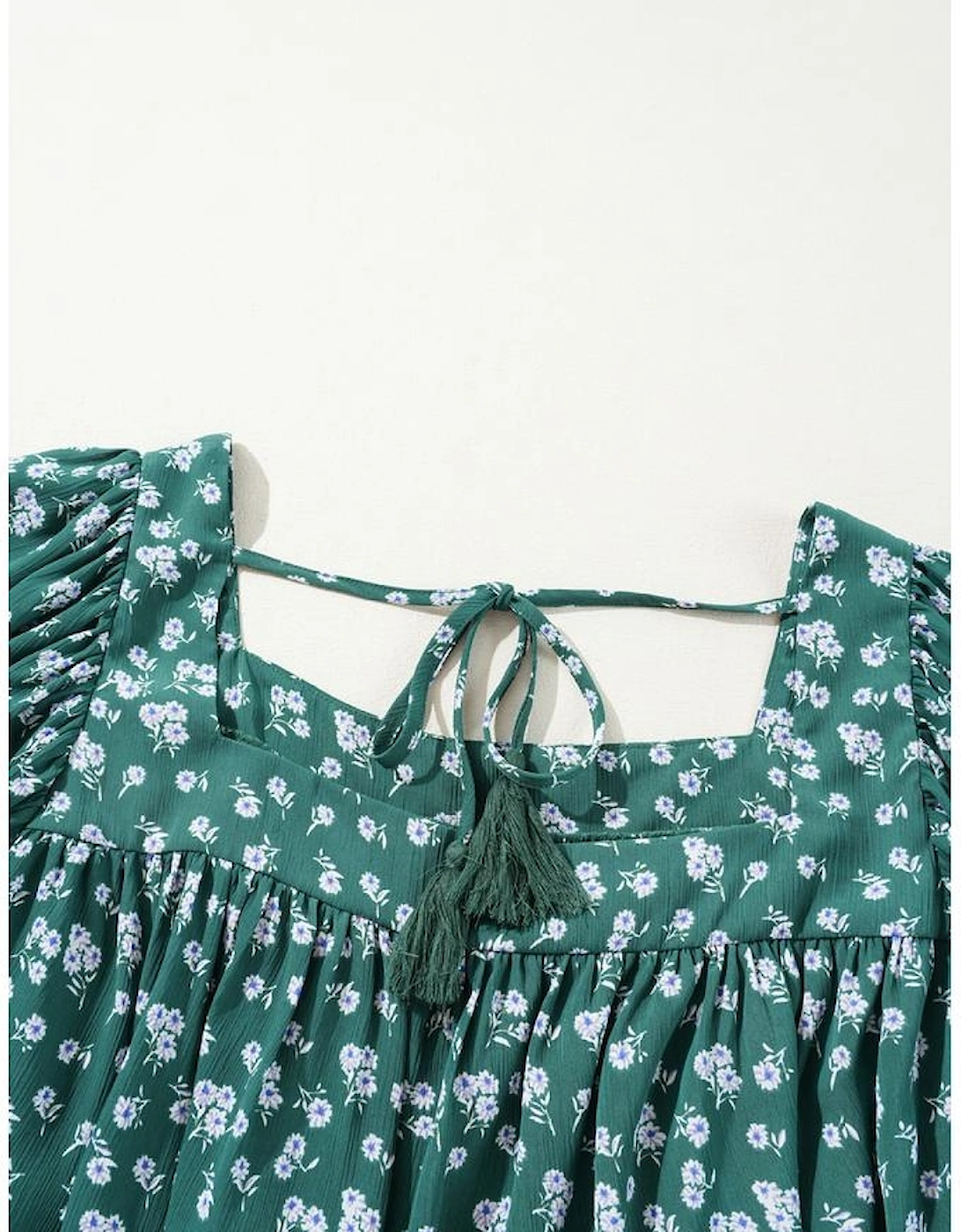 Green Floral Print Square Neck Ruffled Trim Plus Size Blouse