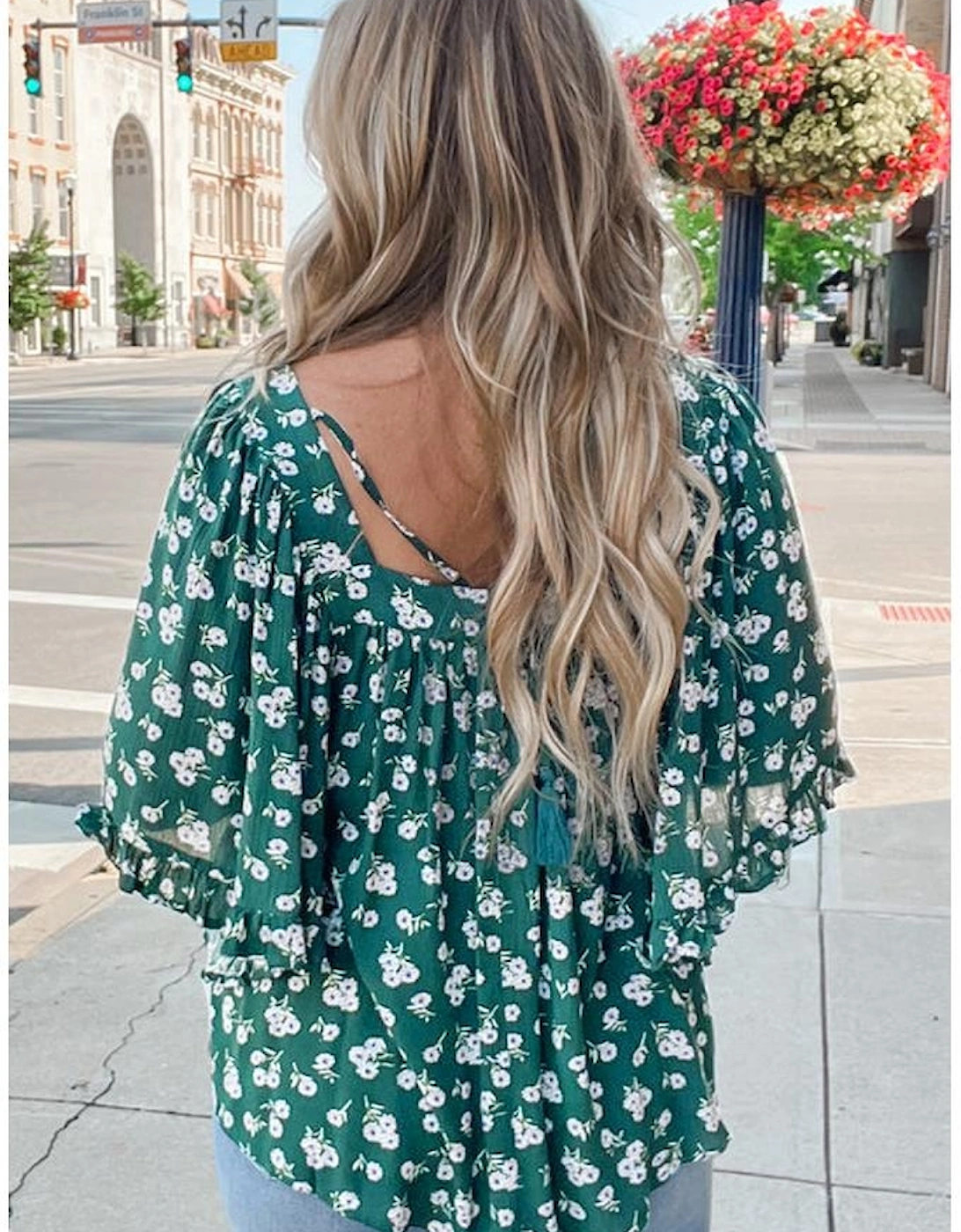Green Floral Print Square Neck Ruffled Trim Plus Size Blouse