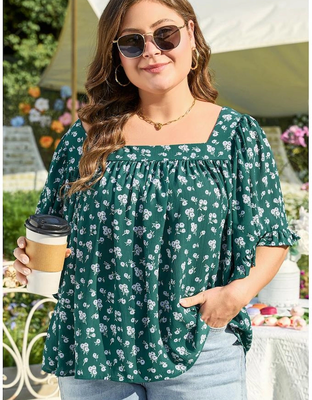 Green Floral Print Square Neck Ruffled Trim Plus Size Blouse