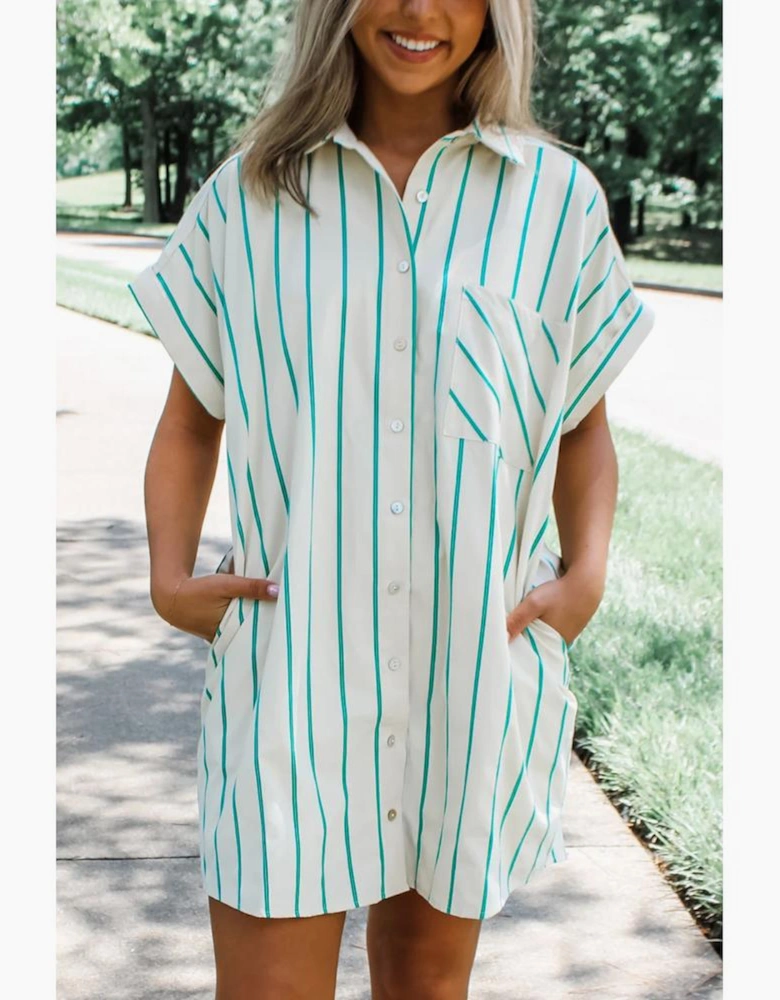 Mint Green St Patricks Striped Wide Short Sleeve Shift Mini Shirt Dress