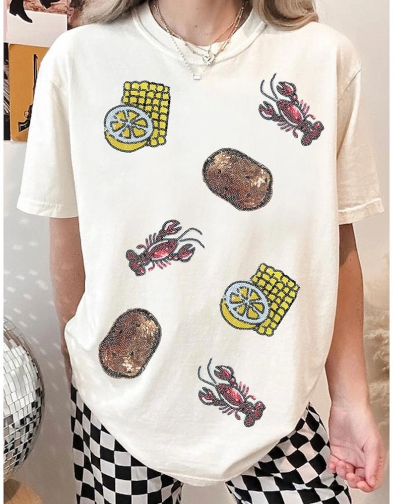 White Sequin Crawfish Potato Lemon Corn Graphic Crewneck T Shirt