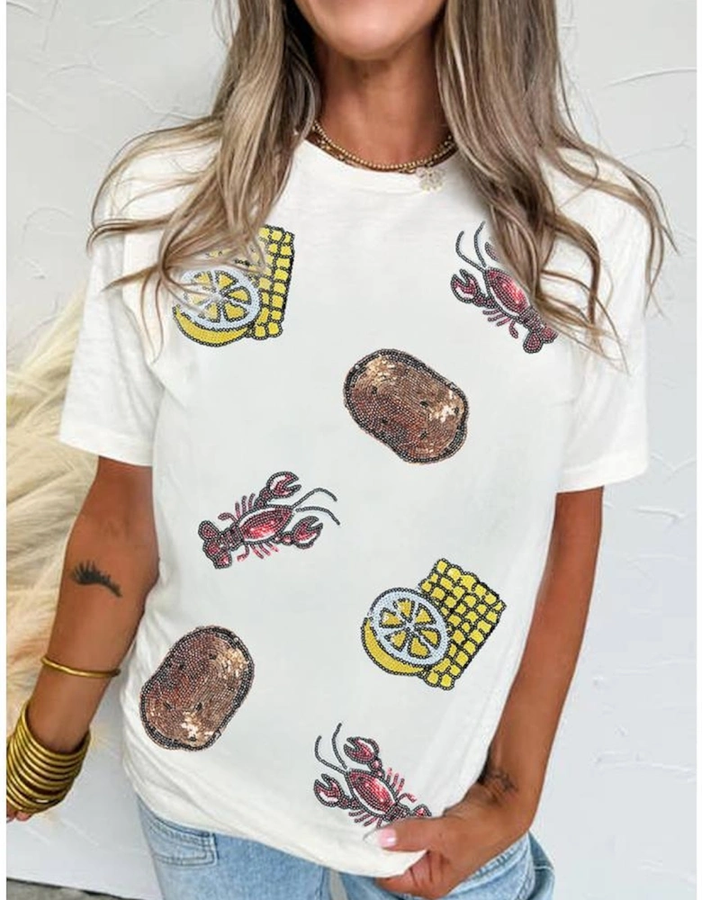 White Sequin Crawfish Potato Lemon Corn Graphic Crewneck T Shirt