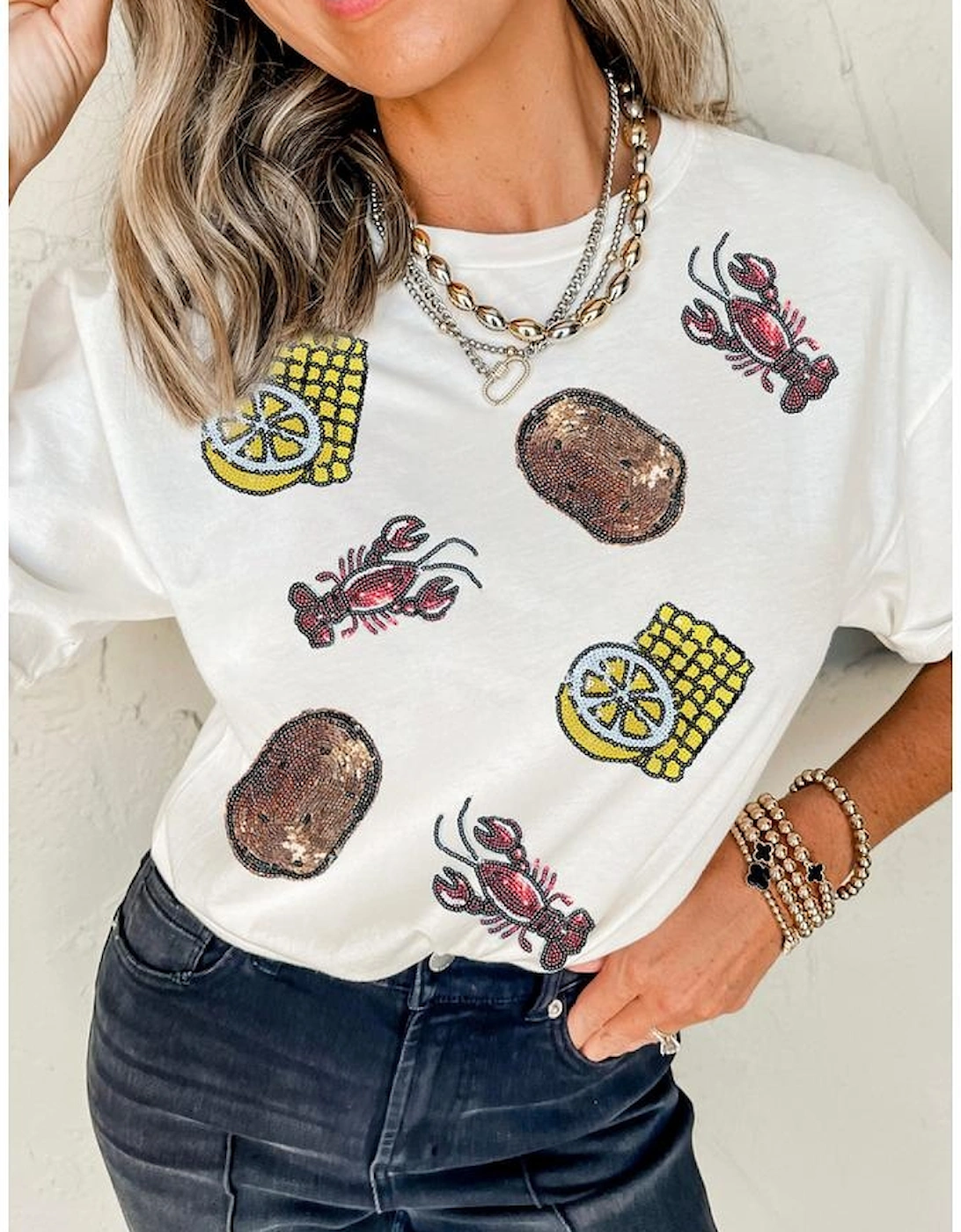 White Sequin Crawfish Potato Lemon Corn Graphic Crewneck T Shirt
