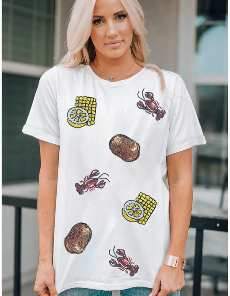 White Sequin Crawfish Potato Lemon Corn Graphic Crewneck T Shirt
