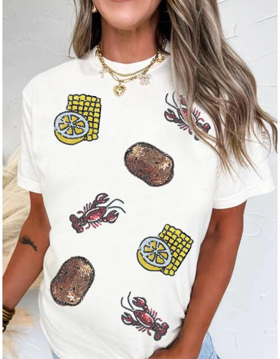 White Sequin Crawfish Potato Lemon Corn Graphic Crewneck T Shirt