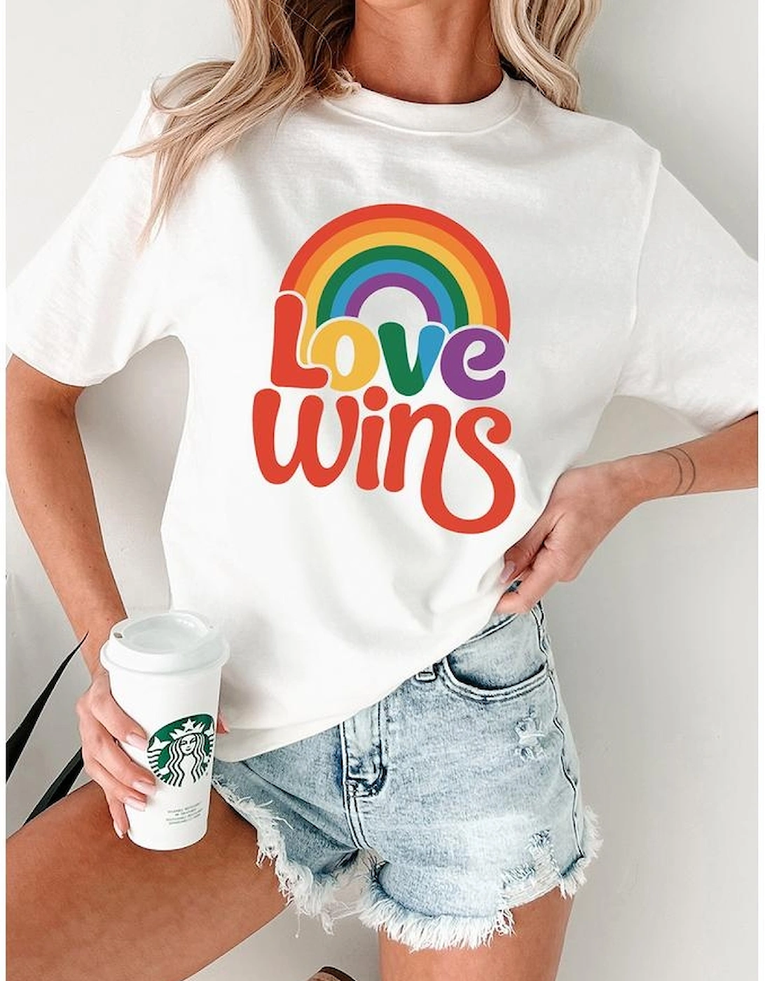 White Love Wins Pride Rainbow Graphic Casual T Shirt, 8 of 7