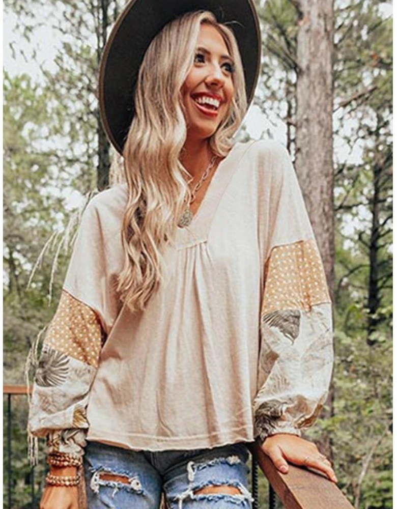 Jet Stream Palm Leaves Polka Dot Puff Sleeve Patchwork V Neck Loose Blouse