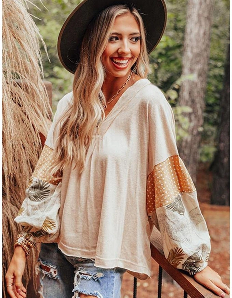 Jet Stream Palm Leaves Polka Dot Puff Sleeve Patchwork V Neck Loose Blouse