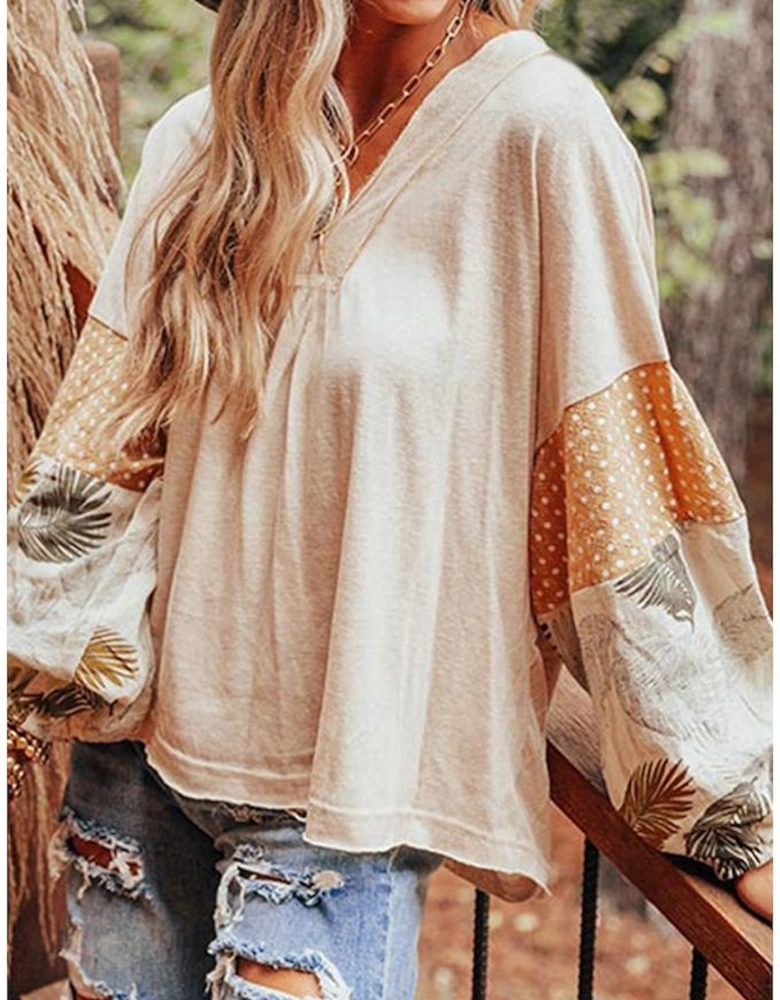 Jet Stream Palm Leaves Polka Dot Puff Sleeve Patchwork V Neck Loose Blouse