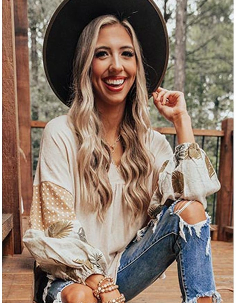 Jet Stream Palm Leaves Polka Dot Puff Sleeve Patchwork V Neck Loose Blouse