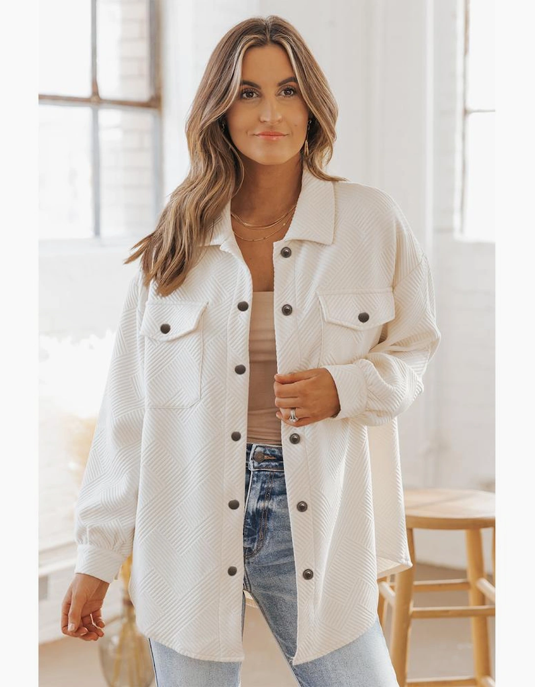 Solid Textured Flap Pocket Buttoned Shacket