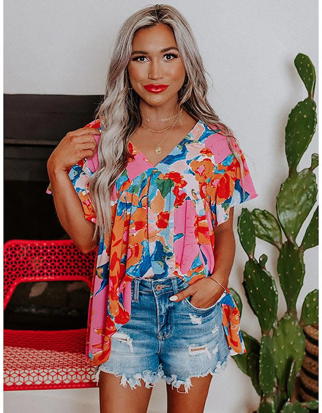 Pink Abstract Print V Neck Flutter Sleeve Blouse