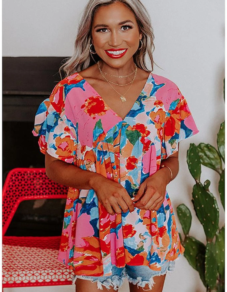 Pink Abstract Print V Neck Flutter Sleeve Blouse