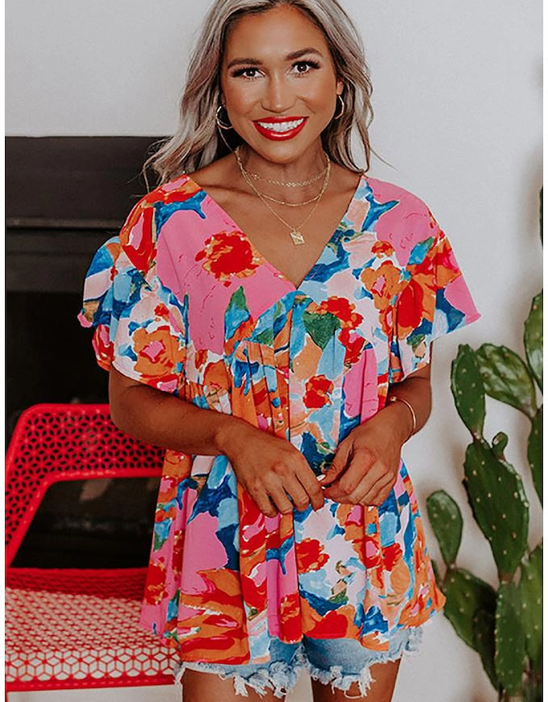 Pink Abstract Print V Neck Flutter Sleeve Blouse