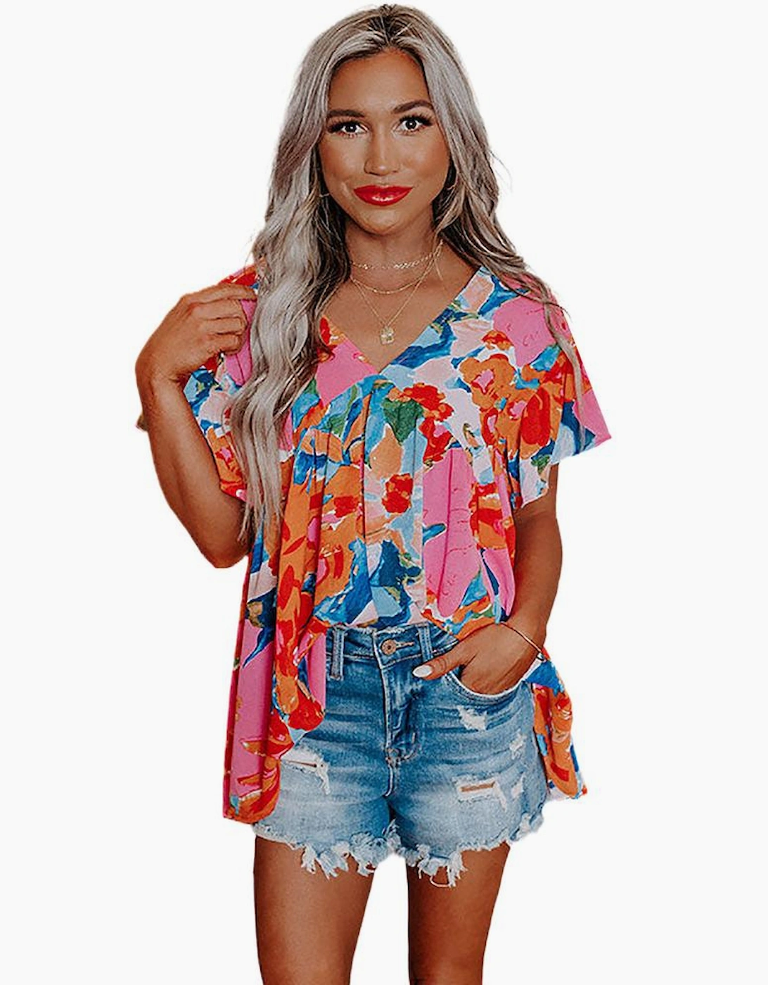 Pink Abstract Print V Neck Flutter Sleeve Blouse