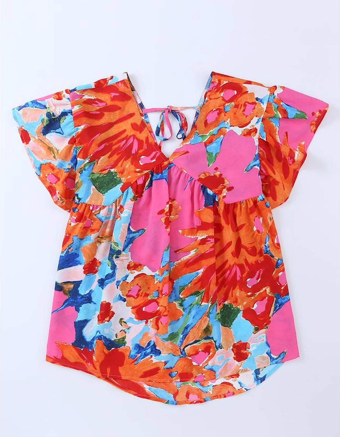 Pink Abstract Print V Neck Flutter Sleeve Blouse