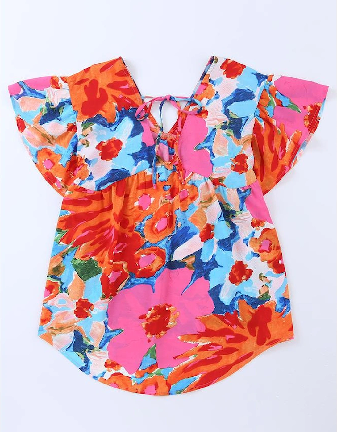 Pink Abstract Print V Neck Flutter Sleeve Blouse