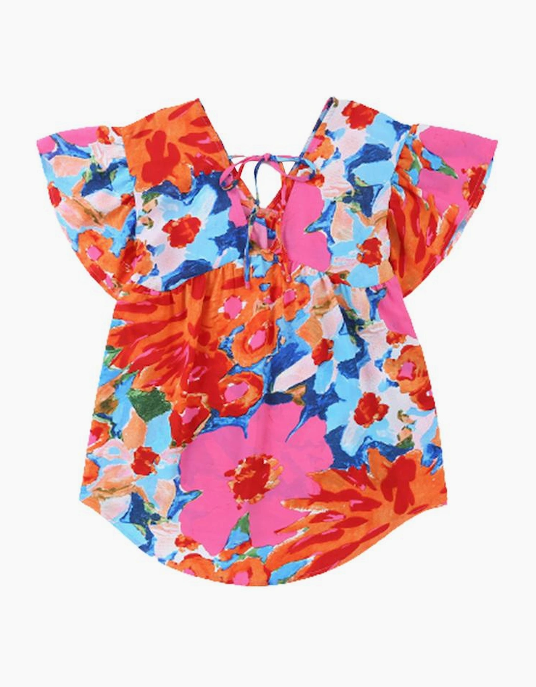 Pink Abstract Print V Neck Flutter Sleeve Blouse