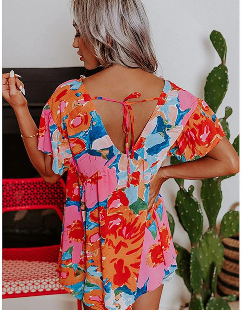 Pink Abstract Print V Neck Flutter Sleeve Blouse