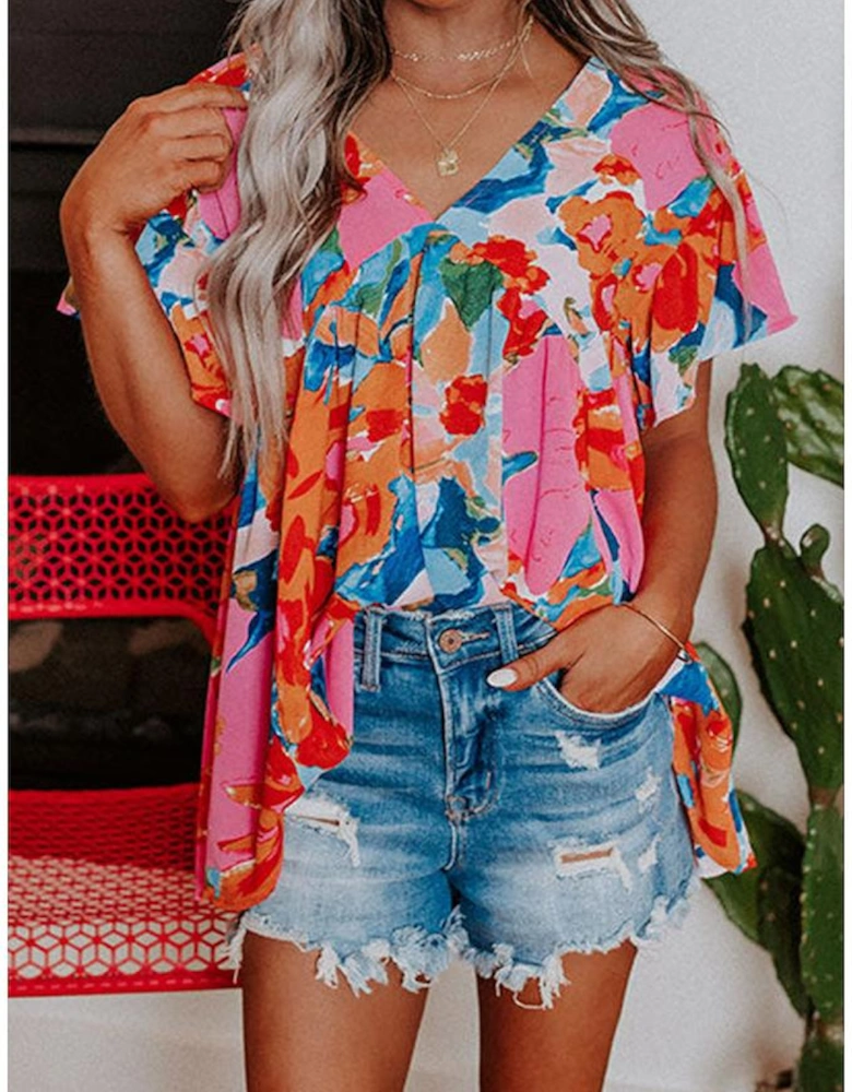 Pink Abstract Print V Neck Flutter Sleeve Blouse